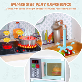 Yisufo Play Kitchen, Wooden Kids Kitchen Playset with 30Pcs Accessories, Sound & Light, Microwave, Ice Maker, Oven, Cooktop, Sink, Coffee Maker, Toys Gift for Preschoolers Children Boys Girls Age 3-10