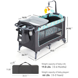 5-in-1 Foldable Baby Bedside Bassinet,Baby Playard with Changing Table, Storage Shelf, Music for Newborn to Toddlers