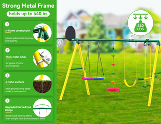 Yisufo Metal Swing Set for Backyard, Swing Sets Playground Swingset Outdoor for Kids with Saucer Swing/Glider/Rope Swing and Basketball Hoop