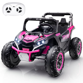 4WD Kids Ride on Car,24V Electric Off-Road UTV Truck,20" Spacious 2 Seat,7Ah Large Battery Electric Car with Remote Control,Safety Belt,Horn,Music,and Lights for Kids Aged 3-8 Years Pink