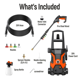 Yisufo Electric Pressure Washer,2500 PSI Pressure Cleaner Wash Machine with Upgraded Swivel Joint, 4 Nozzles Tips 25 FT Hose for Car/Patios/Garden/Fences-Orange