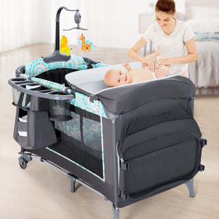 5-in-1 Foldable Baby Bedside Bassinet, Baby Bed Playard with Changing Table, Storage Shelf, Music and Carry Bag for Newborn Toddlers, 0-36 Months